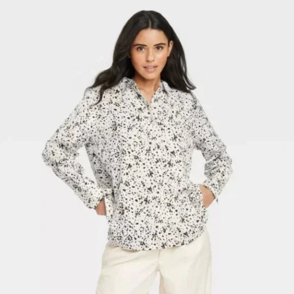a new day Satin Button Down Top Animal Print White Black Medium